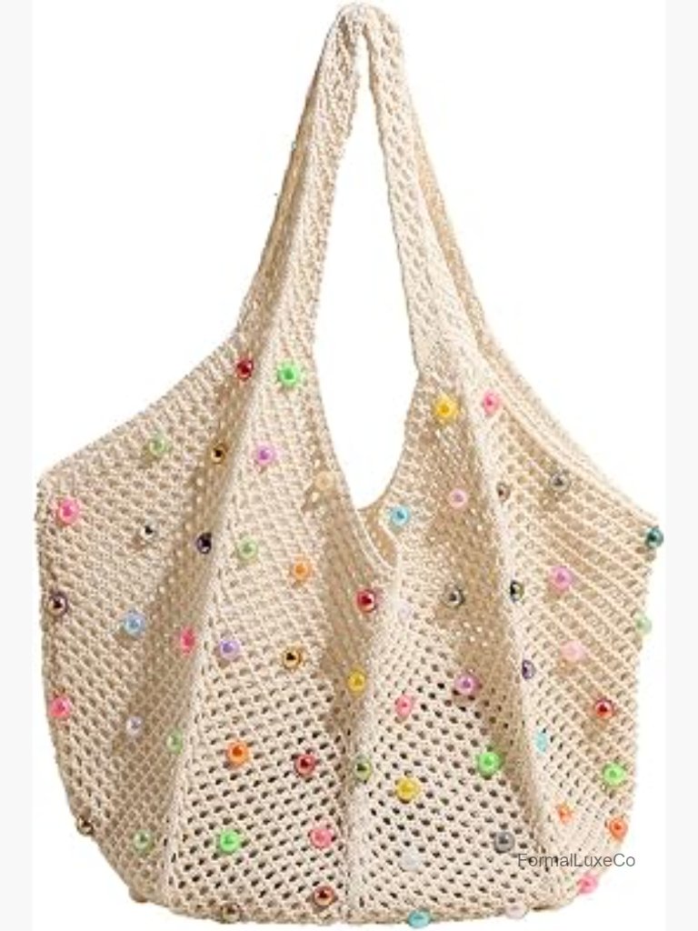 Boho Crochet Beach Tote Shoulder Bag With Colored Beads